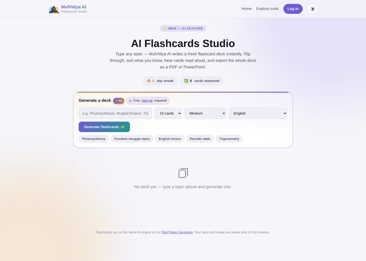 AI-generated flashcard deck on MulVidya AI