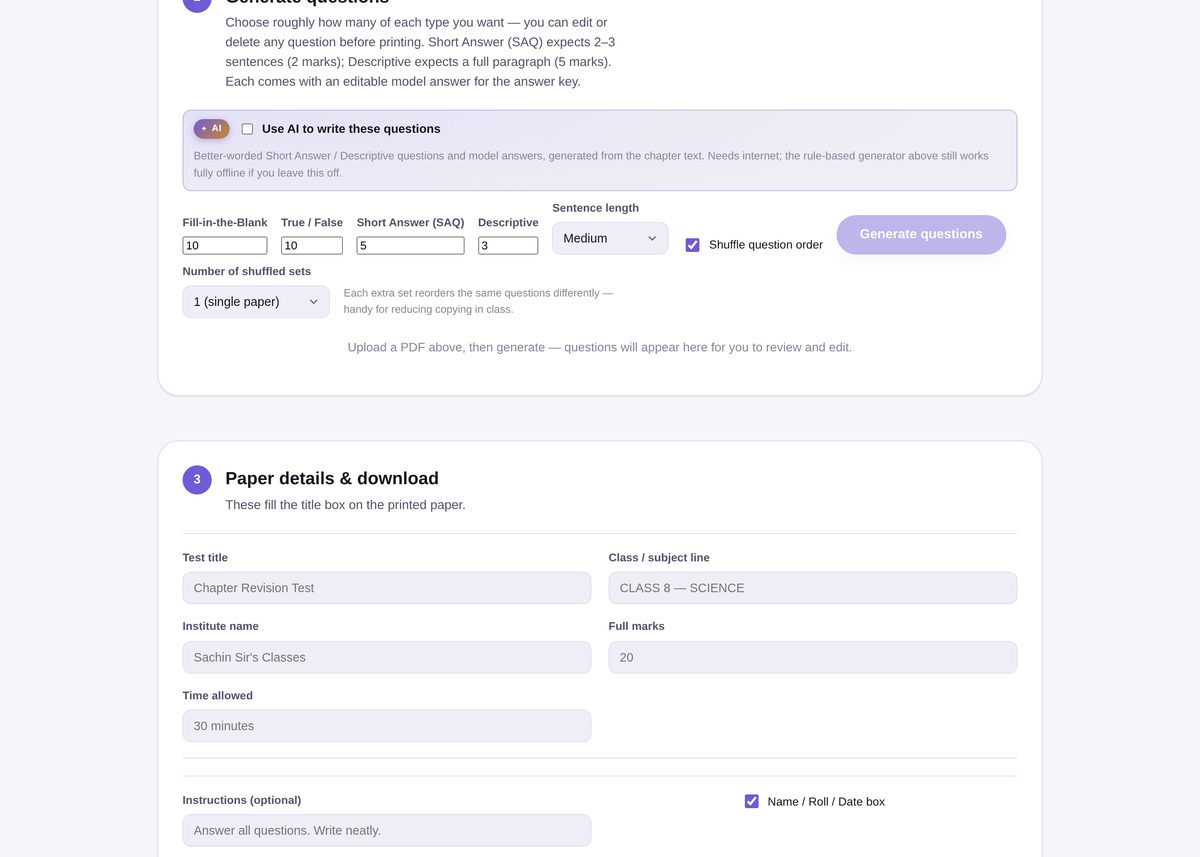 Question type counts, AI toggle, and paper detail fields in the Book to Test Paper tool