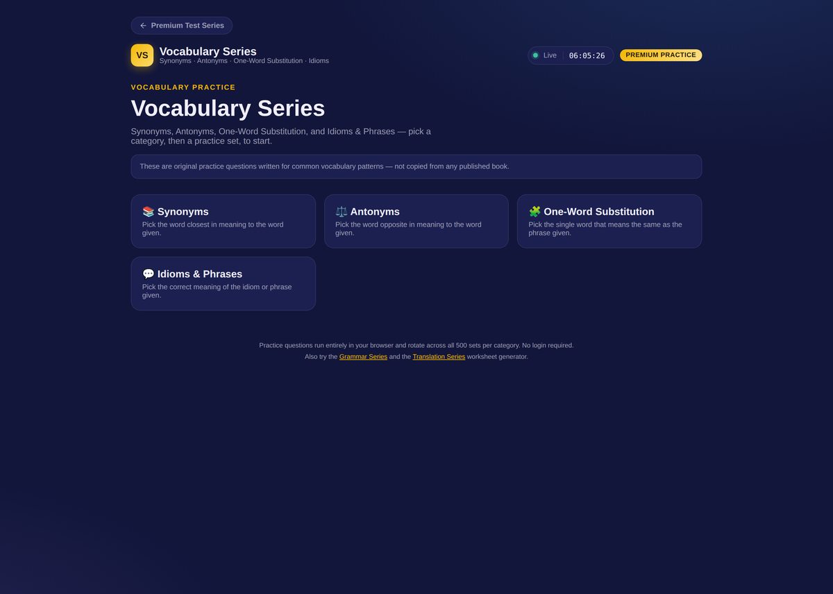 Vocabulary practice covering synonyms, antonyms and idioms
